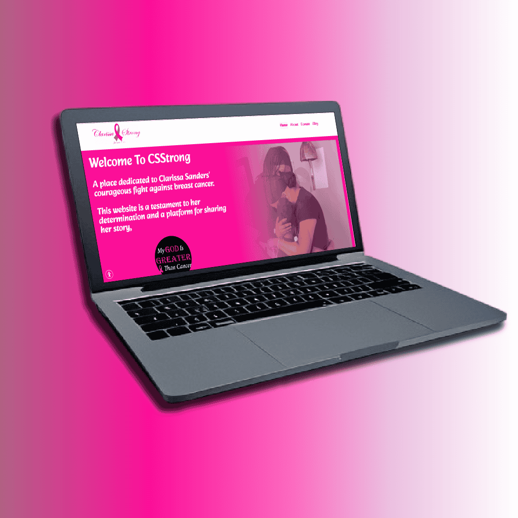 a mockup design of a laptop computer with pink and white in the background, with images of a website with a pink color scheme
