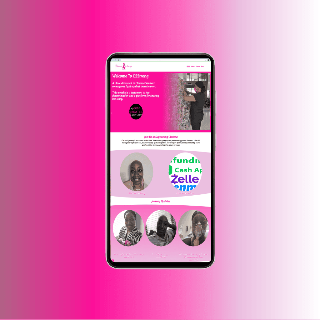 a mockup design of a cell phone with pink and white in the background, with images of a website with a pink color scheme