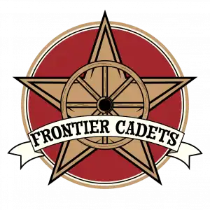 Frontier Cadets Logo featuring a red circle background, with a tan and black star, wagon beneath a wagon wheel and "Frontier Cadets" in black font on a beige banner