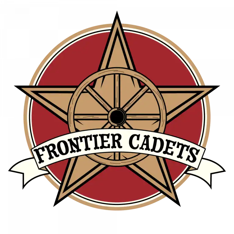 Frontier Cadets Logo featuring a red circle background, with a tan and black star, wagon beneath a wagon wheel and "Frontier Cadets" in black font on a beige banner