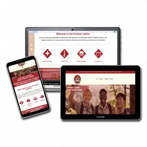 Mock display for the Frontier Cadets website featuring screen shots from the web pages on desktop, mobile phone, and tablet screens