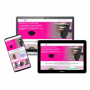 Mock displays for the CS Strong website featuring a tablet, computer, and phone screen with a screen capture of the CSstrong website with pink as a prominent color