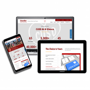 Mock display for a school district website featuring screen shots from the web pages on desktop, mobile phone, and tablet screens
